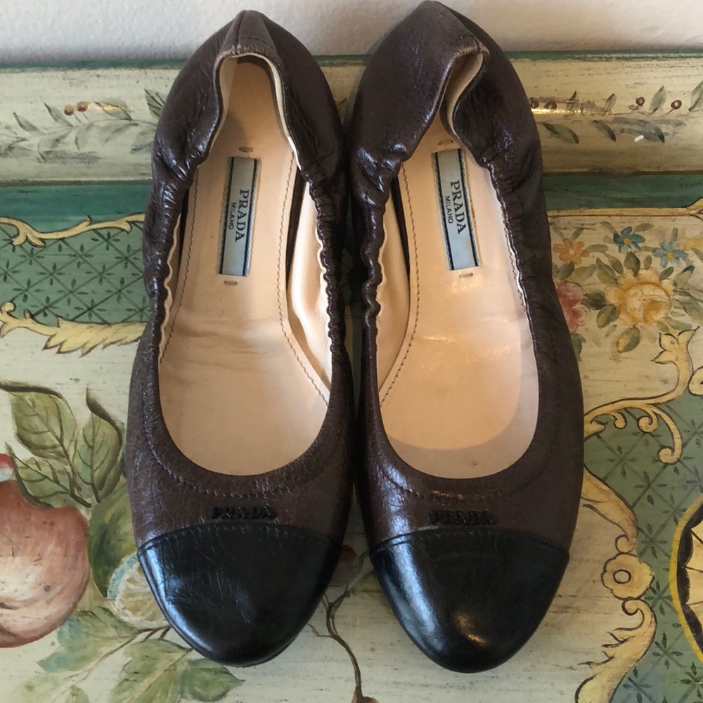 Prada Black & Brown Cap Toe Ballet Flats